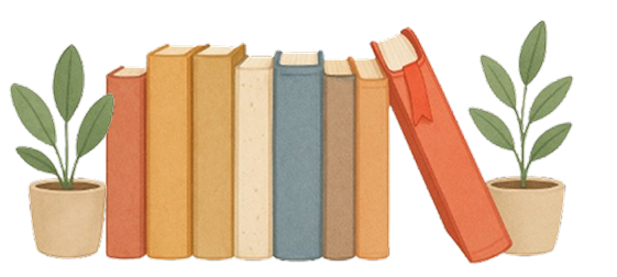 Decorative illustration of books and plants on a shelf